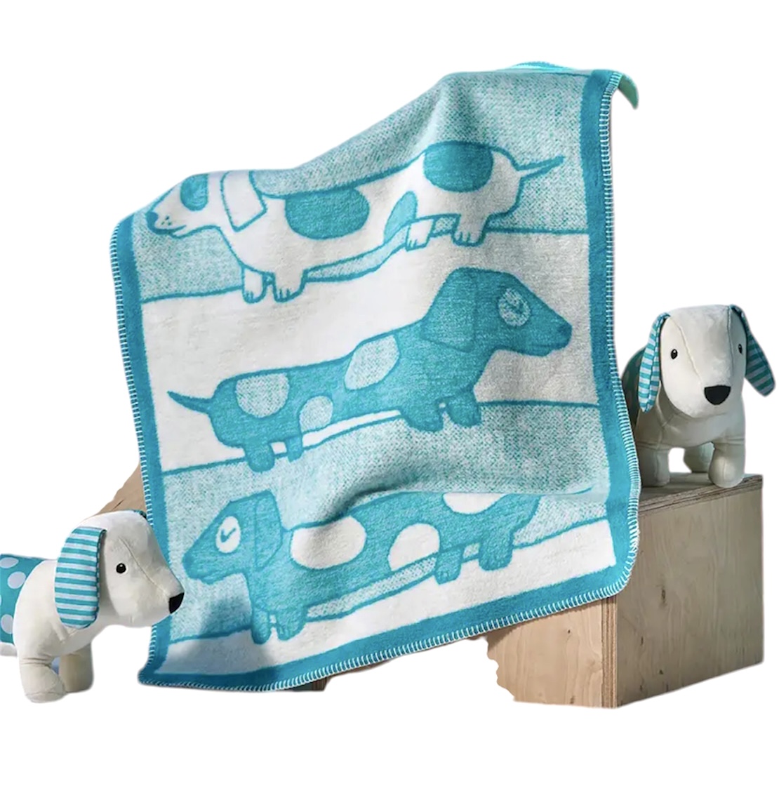 Koc_bawelniany_Little_Clouds_wzor_jamniczki_niebieski_75x100