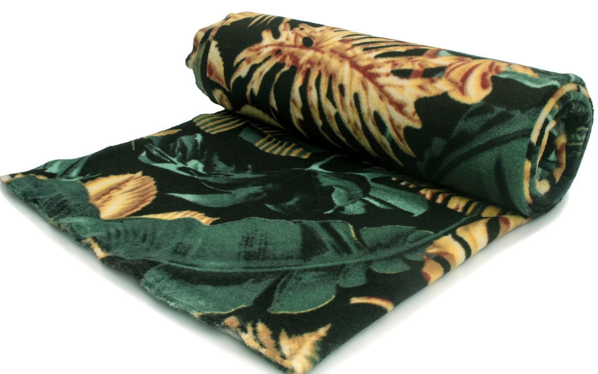 Koc_polarowy_ciemno_zielony_wzor_monstera_cieply_250g