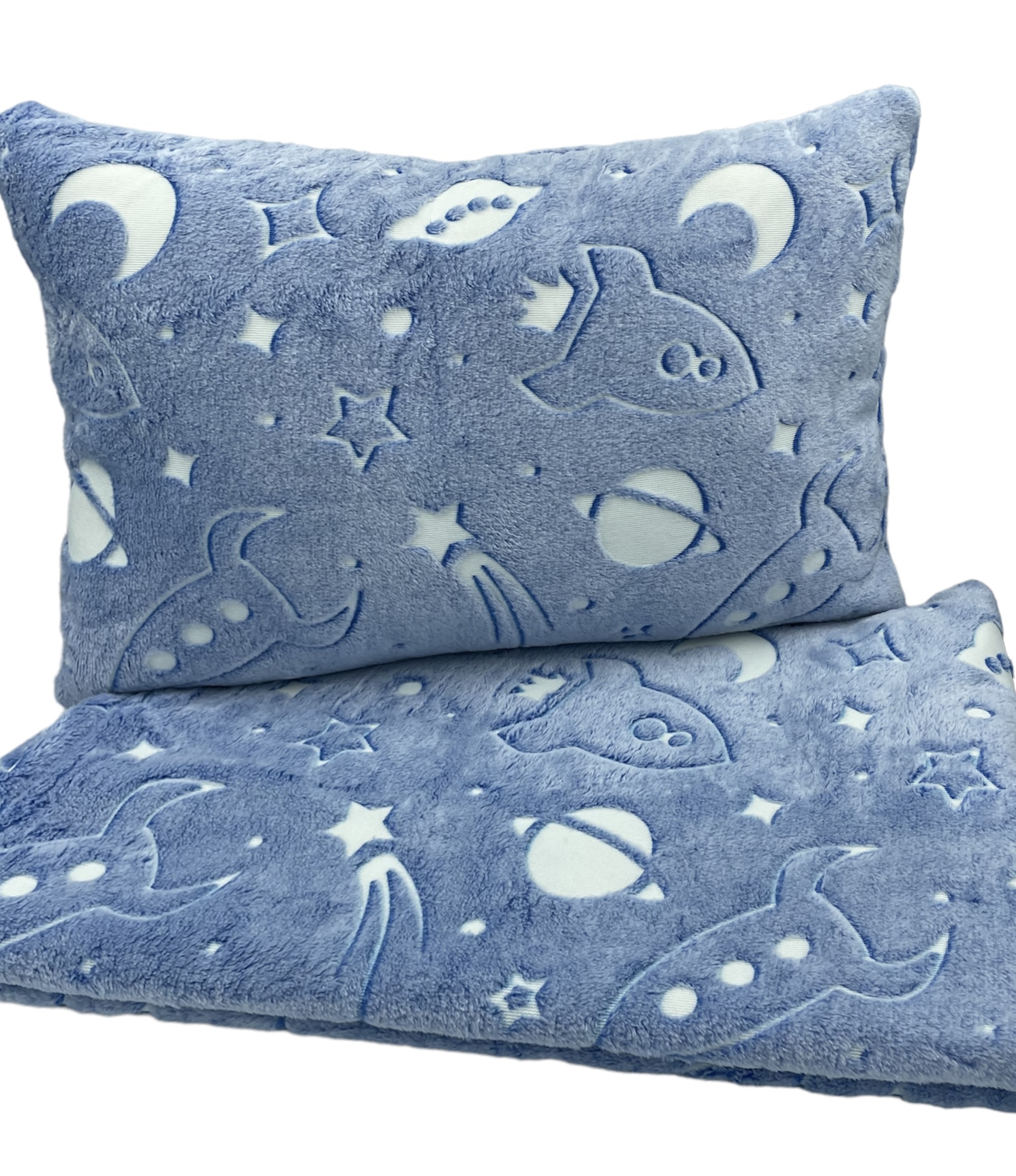 Komplet_Kocyk_Poduszka_Kosmos_niebieski_swiecacy_w_ciemnosci