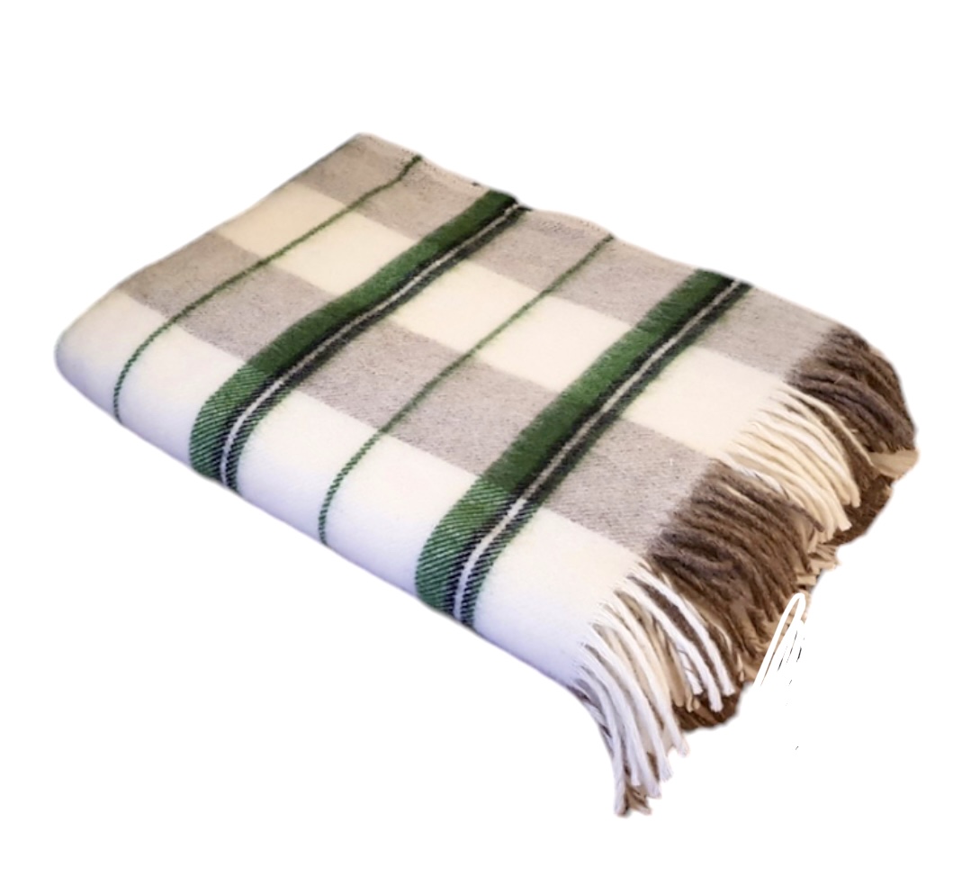 Koc_100%_welna_nowozelandzka_150x200_wzor_krata_II_zielona