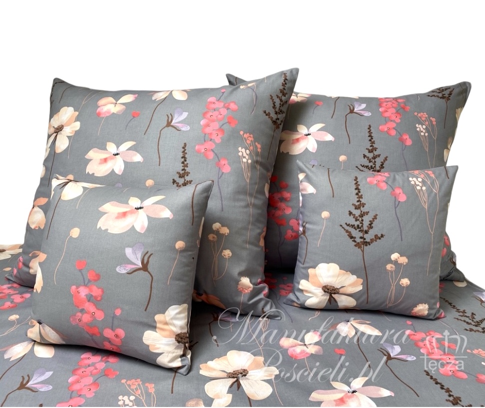 Komplet_poscieli_100%_bawelna_wzor_kwiaty_na_ciemno_szarym_tle