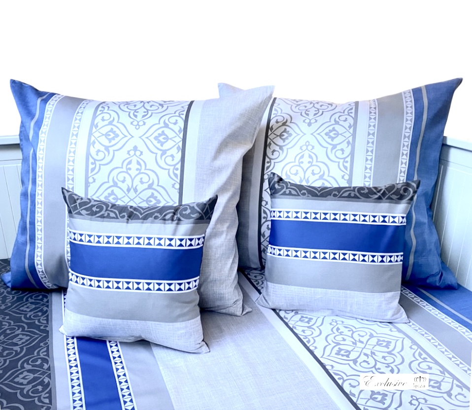 Komplet_poscieli_satyna_100%_bawelna_lux_wzor_ornament_niebieski_szary